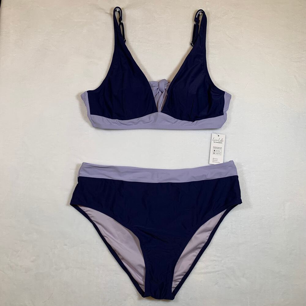 NWT Cupshe Purple & Lavender Colorblock Bikini Set with Tie Back Top Size XL